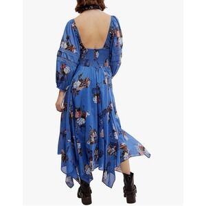 Free People Morning Glory Dress Womens XS Blue Floral Handkerchief Hem Maxi Boho